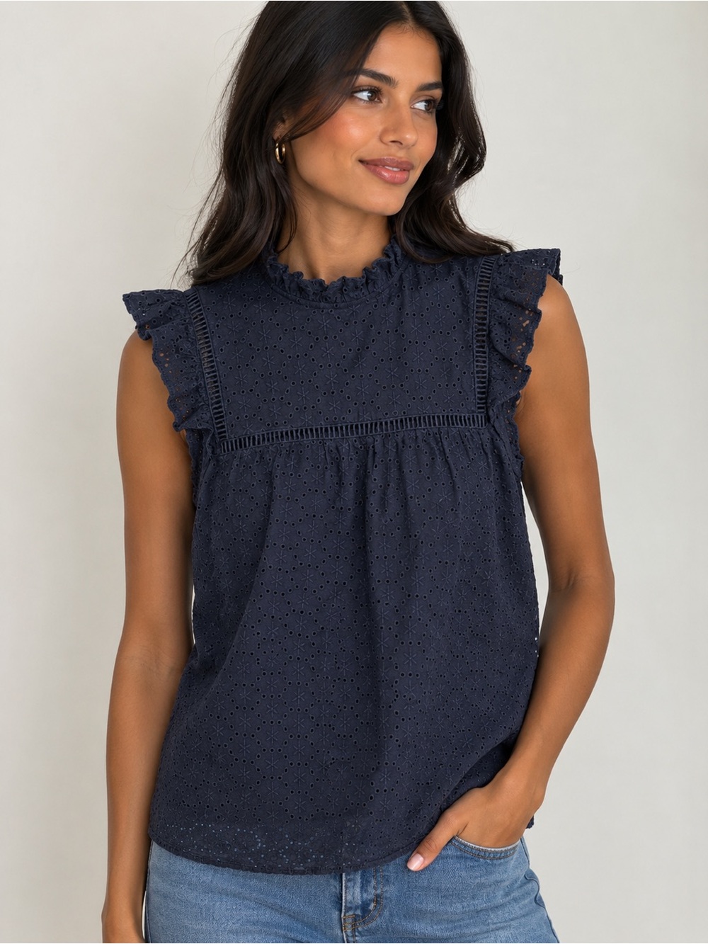 New Look Womenās Navy Eyelet Cotton Ruffle Round Neck Button Blouse Size 8